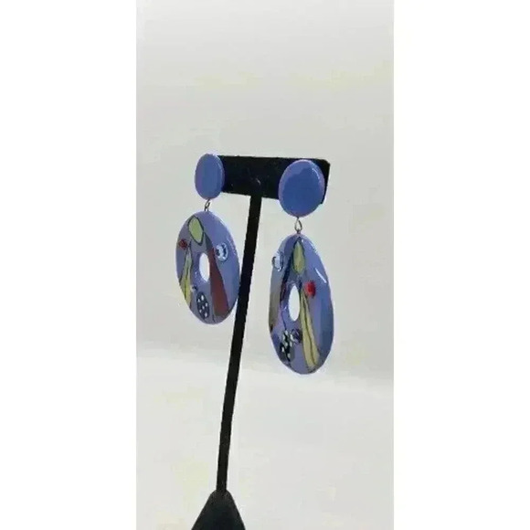 Vintage Disco Earrings 1970 1980 Big Hoops Ceramic Handmade Rhinestone Blue Mod - Picture 2 of 8